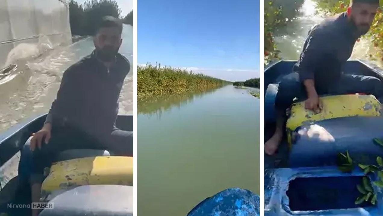Adana'yı sağanak vurdu! Sular altında kalan bahçesine kayıkla ulaştı