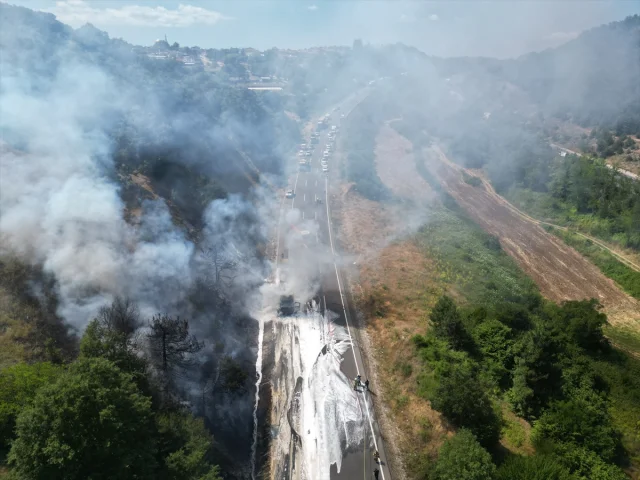 Bursa'da Tır Yangını Ormanlık Alana Sıçradı Trafik Durma Nok...