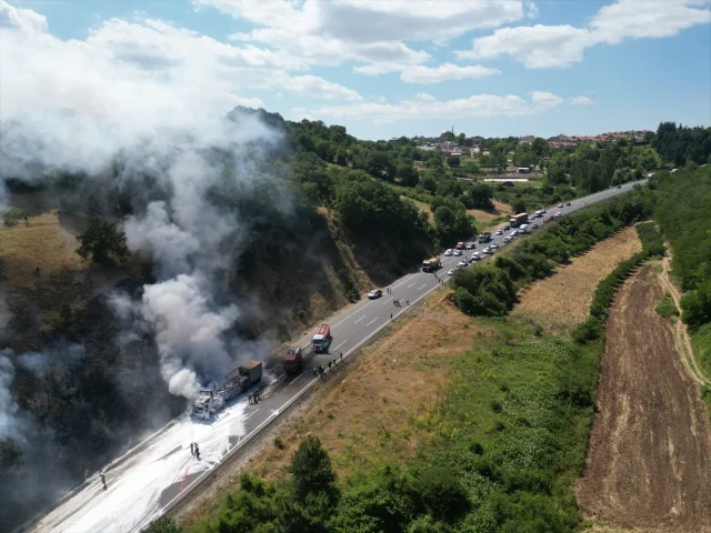 Bursa'da Tır Yangını Ormanlık Alana Sıçradı Trafik Durma Noktasına Geldi