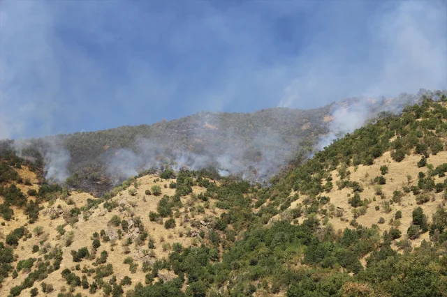 Hakkari'nin Şemdinli İlçesinde Çıkan Yangın Söndürülmeye Çalışılıyor