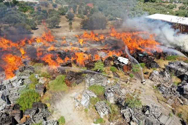 Manisa'da Palet Fabrikasındaki Alevler Geceyi Aydınlattı