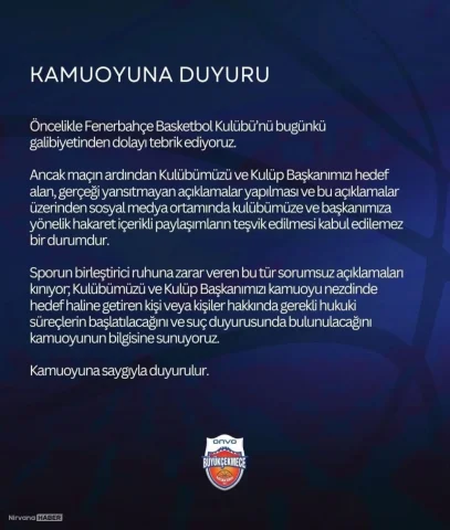 Büyükçekmece’den Fenerbahçe Beko maçı sonrası açıklama