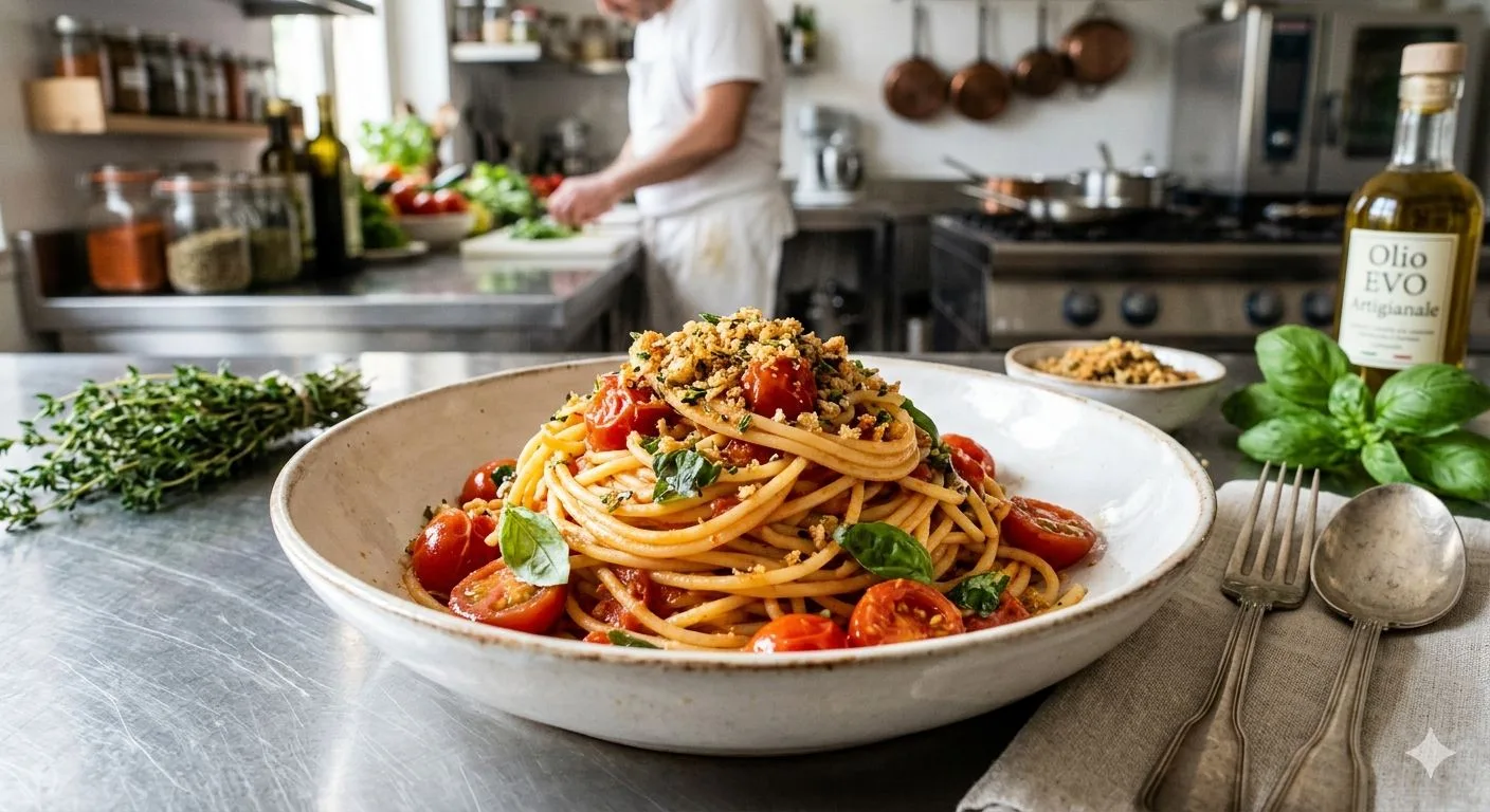 Spaghettoni con Pomodorini, Basilico e Briciole al Timo