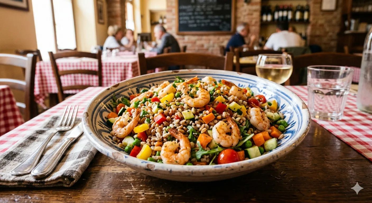 Insalata di Cereali con Gamberi e Verdurine Croccanti
