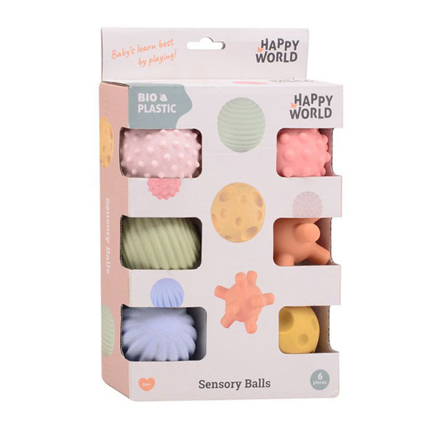 Happy World bio plastic motoriek en zintuig ballen, 6 in doo