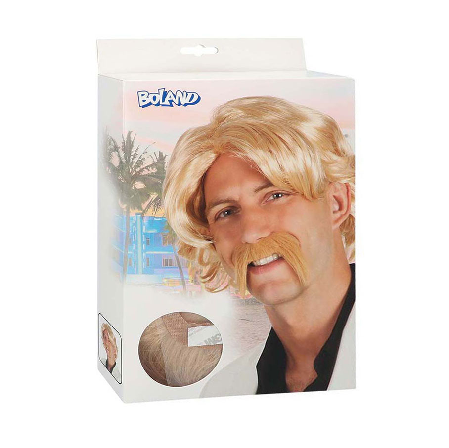 Blonde Pruik met Snor