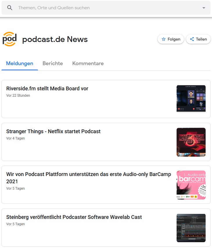 Screenshot von podcast.de auf Google News