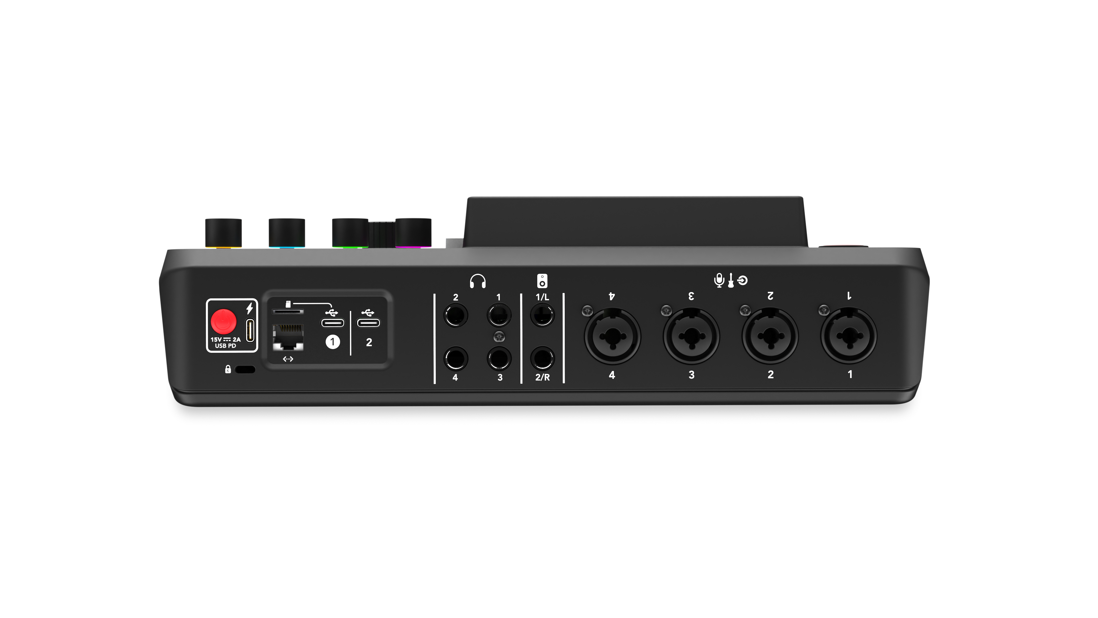 RØDECaster Pro II Anschlüsse: 4x Neutrik-Kombi-Buchsen, Stereo Output, 4x Kopfhörerausgänge, 2x USB-C, Bluetooth, Ethernet, WIFI, 15V Netzteil (USB-C)