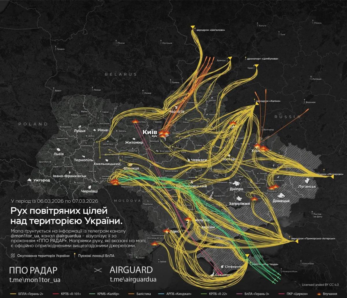 Almost three dozen missiles and 500 UAVs. Map of the night attack on Ukraine published: where the enemy targets flew