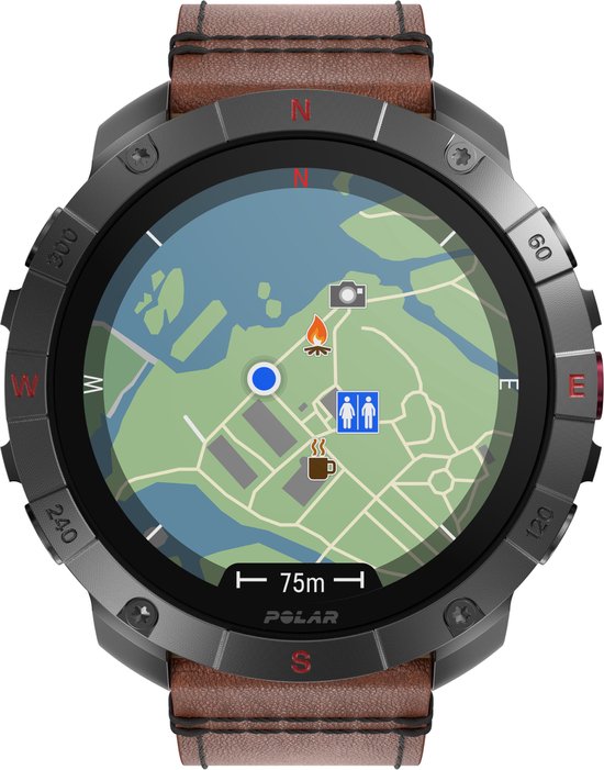 Polar Grit X2 Pro TITAN Premium Outdoor Smartwatch, Brons leder M/L, extra Zwarte Silicone horlogebandje S/L