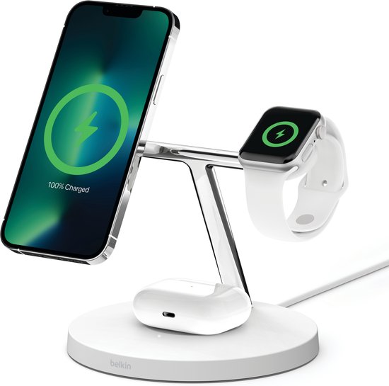 Belkin BoostCharge Pro - Draadloze oplaadstandaard - met MagSafe + netadapter - 15 Watt - Fast Charge - wit - voor Apple AirPods; AirPods Pro; iPhone 12