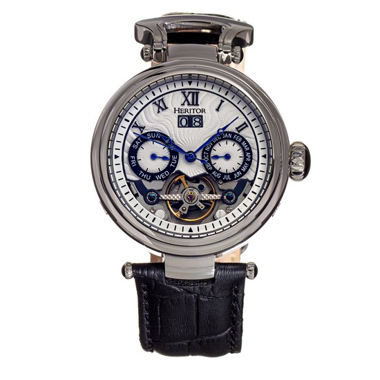 Heritor Automatic Ganzi Semi-Skelet Horloge met Leren Band - Zilver