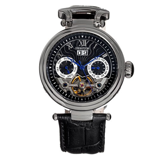 Heritor Automatic Ganzi Semi-Skelet Horloge met Leren Band - Zilver/Zwart