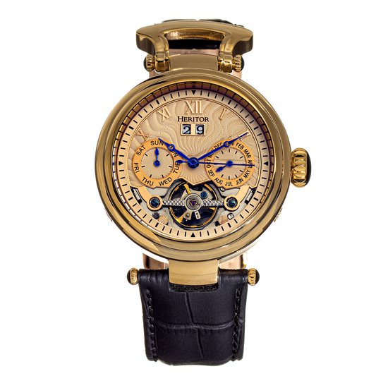 Heritor Automatic Ganzi Semi-Skelet Horloge met Leren Band - Goud/Zilver