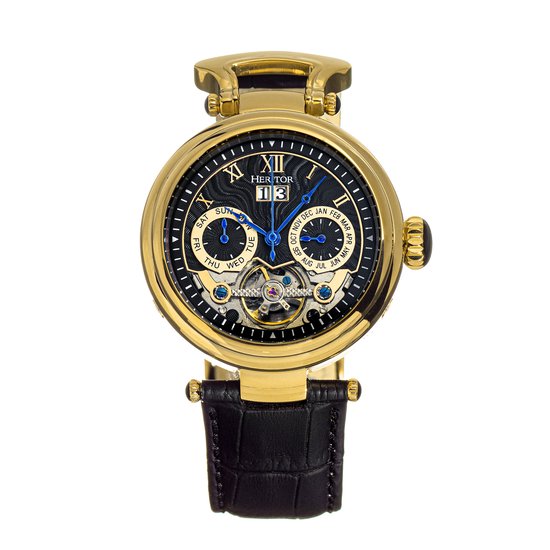 Heritor Automatic Ganzi Semi-Skelet Horloge met Leren Band - Goud/Zwart