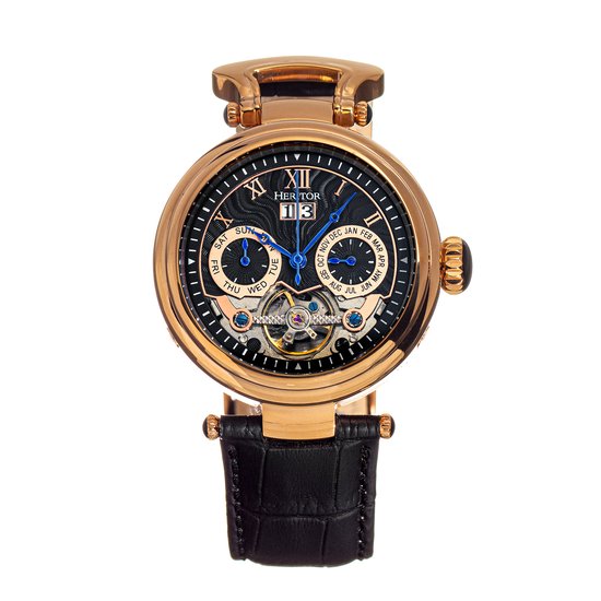 Heritor Automatic Ganzi Semi-Skelet Horloge met Leren Band - Roségoud/Zwart