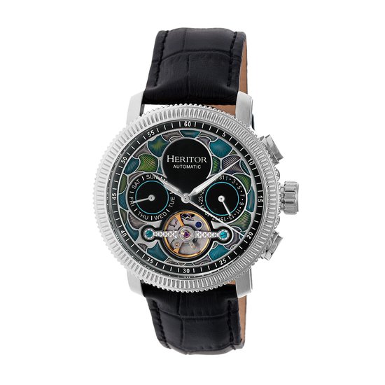 Heritor Automatic Aura Heren Semi-Skelet Lederen Band Horloge - Zilver/Zwart