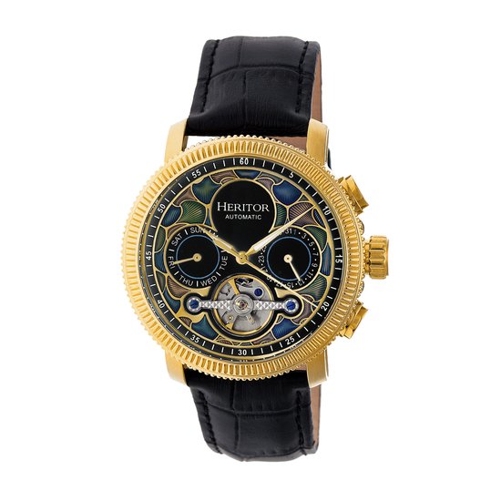 Heritor Automatic Aura Heren Semi-Skelet Lederen Band Horloge - Goud / Zwart