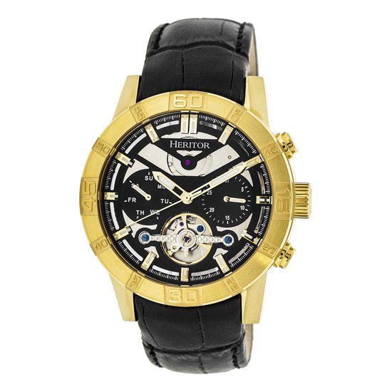 Heritor Automatic Hannibal Semi-Skelet Horloge met Leren Band - Goud/Zwart