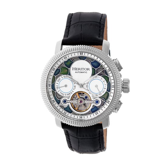 Heritor Automatic Aura Heren Semi-Skelet Lederen Band Horloge - Zilver/Wit