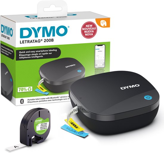 DYMO LetraTag 200B labelprinter met bluetooth | Compacte labelmaker | Verbinding via draadloze bluetoothtechnologie met iOS en Android | Inclusief 1 witte LetraTag tape