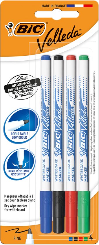 Viltstift Bic Velleda 1721 whiteboard rond fijn assorti blister Ã  4 stuks