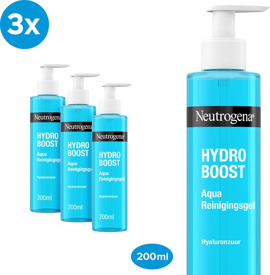 Neutrogena Hydro Boost Aqua Gel Reinigingsgel - hydraterende gezichtsreiniging - lichte gelformule met hyaluronzuur en glycerine - 3 x 200 ml