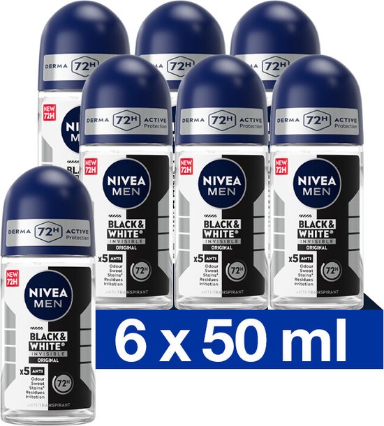 NIVEA MEN Invisible for Black & White Original Anti-Transpirant Deo Roller - Deodorant - 6 x 50 ml - Voordeelverpakking