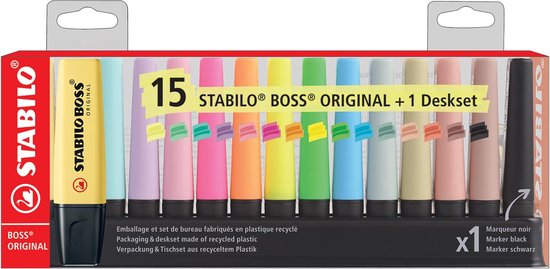 STABILO BOSS markeerstift pastel en natuur, geassorteerde kleuren met zwart, deskset van 15 stuks