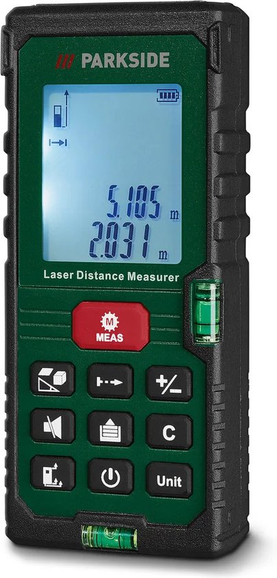 Parkside Laser afstandsmeter - LC-display - opslagfunctie - Geintegreerde waterpas - 3 referentiepunten - incl batterijen