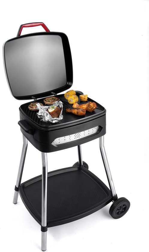 FRITEL Barbecue BBQ 3278 - Elektrische barbecue en tafelgrill - Groot Grillopp. 40x36cm + Onderstel + Wielen + Scharnieren Deksel - Zwart