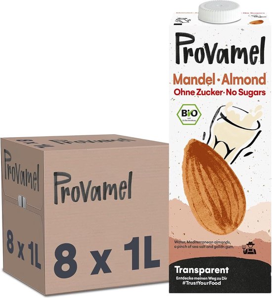 Provamel Amandel Drink Zonder Suiker – Biologisch & Vegan – 8 x 1L – Plantaardig Alternatief voor Melk – Zonder Toegevoegde Suikers