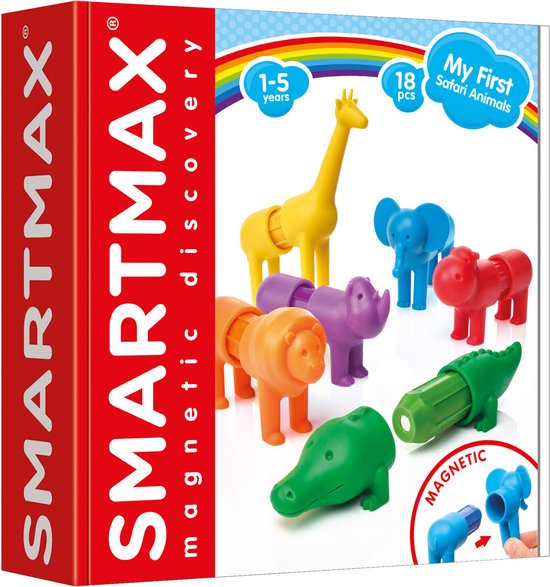 SmartMax My First Safari Animals - Magnetische Safaridieren - 18-Delige Bouwset met Zachte Elementen - Educatief Speelgoed voor Peuters - Vanaf 1 Jaar