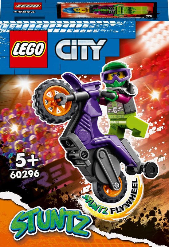 LEGO® City Wheelie stuntmotor 60296 bouwset; een speelgoedstuntmotor waarmee je geweldige wheelies kunt maken, plus een minifiguur van het personage Raze uit de tv-serie LEGO City Adventures; populair cadeau voor kinderen (14 onderdelen)