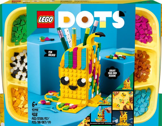 LEGO® DOTS Grappige banaan - pennenhouder 41948 knutselset; aanpasbare kamerdecoratie die kinderen kunnen versieren met vrolijke, kleurrijke tegels; heerlijke speelset met een fruitthema voor kinderen vanaf 6 jaar (438 onderdelen)