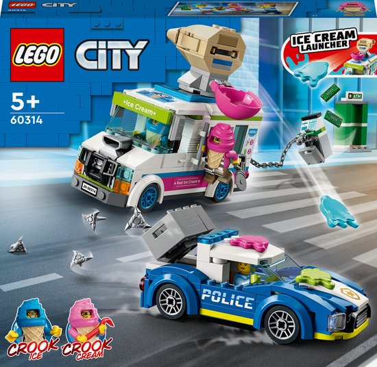 LEGO® City IJswagen politieachtervolging 60314 bouwset voor kinderen vanaf 5 jaar; met een ijswagen met kledderschieter, een onderscheppingsvoertuig van de politie, een geldautomaat en 2 personages uit de LEGO City tv-serie (317 onderdelen)