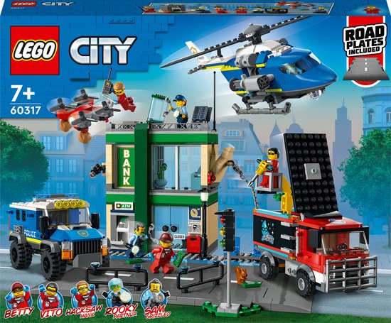 LEGO® City Politieachtervolging bij de bank 60317 bouwset voor kinderen vanaf 7 jaar; met een bank, politietruck, helikopter, boevenwagen en een drone plus 6 minifiguren, waaronder 5 personages uit de LEGO City tv-serie (915 onderdelen)