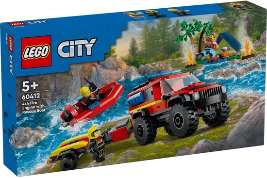 LEGO City 4x4 brandweerauto met reddingsboot Set met Speelgoed Auto en Boot Bouwpakket - 60412