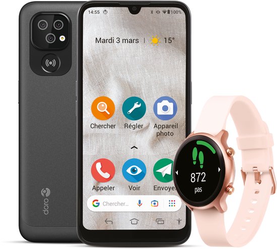 Doro 8100 4G Eenvoudige Senioren Smartphone + Smartwatch  (Roze) - Cadeau Bundel