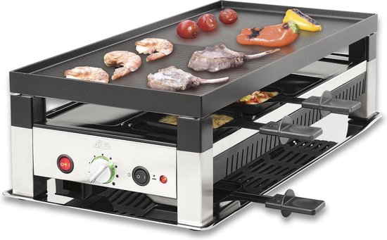 Solis 5 in 1 Table Grill 791 Gourmetstel 8 Personen - Raclette Gourmet Set - Bakplaat Gourmetten - Zilver/Zwart