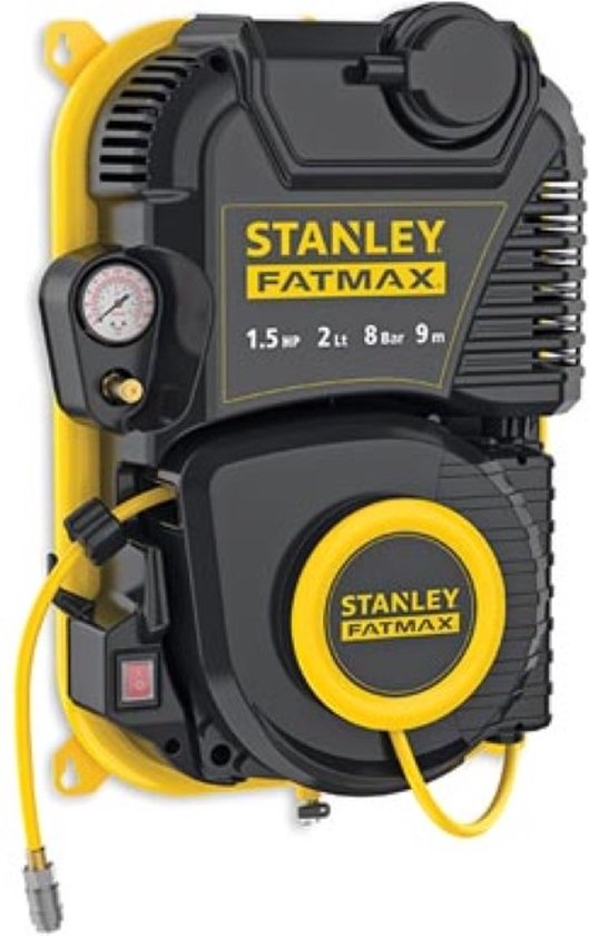 Stanley Fatmax Compressor, olievrije luchtcompressor met zelfoprollende kabelhaspel, muurbevestiging, 1.5 pk, 8 bar, tankinhoud 2 L