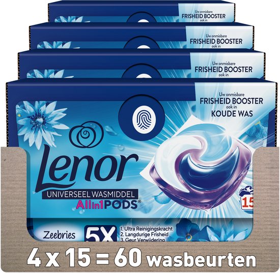 4x Lenor Wasmiddel All-in-1 Pods Zeebries 15 stuks