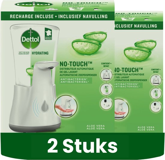 Dettol - No-Touch - Automatische Zeepdispenser - Zilver incl Aloë Vera Navulling - 250 ml - 2 stuks