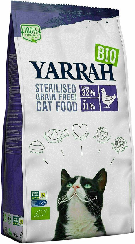 2kg Sterilised sans blé poulet Yarrah Bio croquettes pour chat : -15 % !