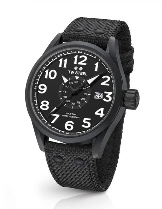 TW Steel Volante VS41 Herenhorloge - Zwart Staal - Canvas Horlogeband - XXL: 48mm