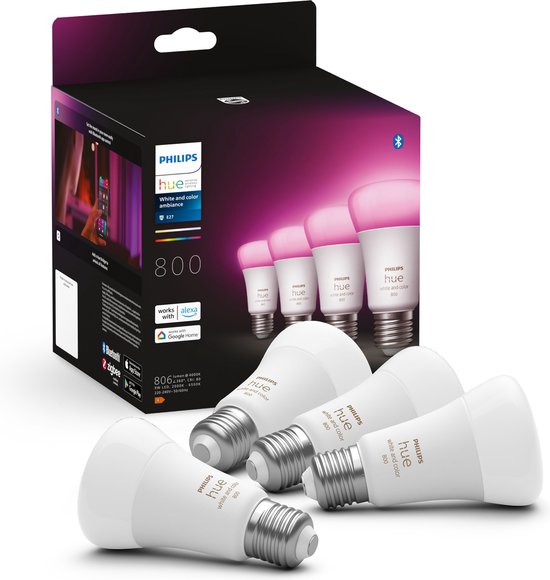Philips Hue LED-lamp (4 stuks) 871951432840200 Energielabel: F (A - G) Hue White & Col. Amb. Viererpack 4x570lm 60W E27 9 W Warmwit tot koudwit