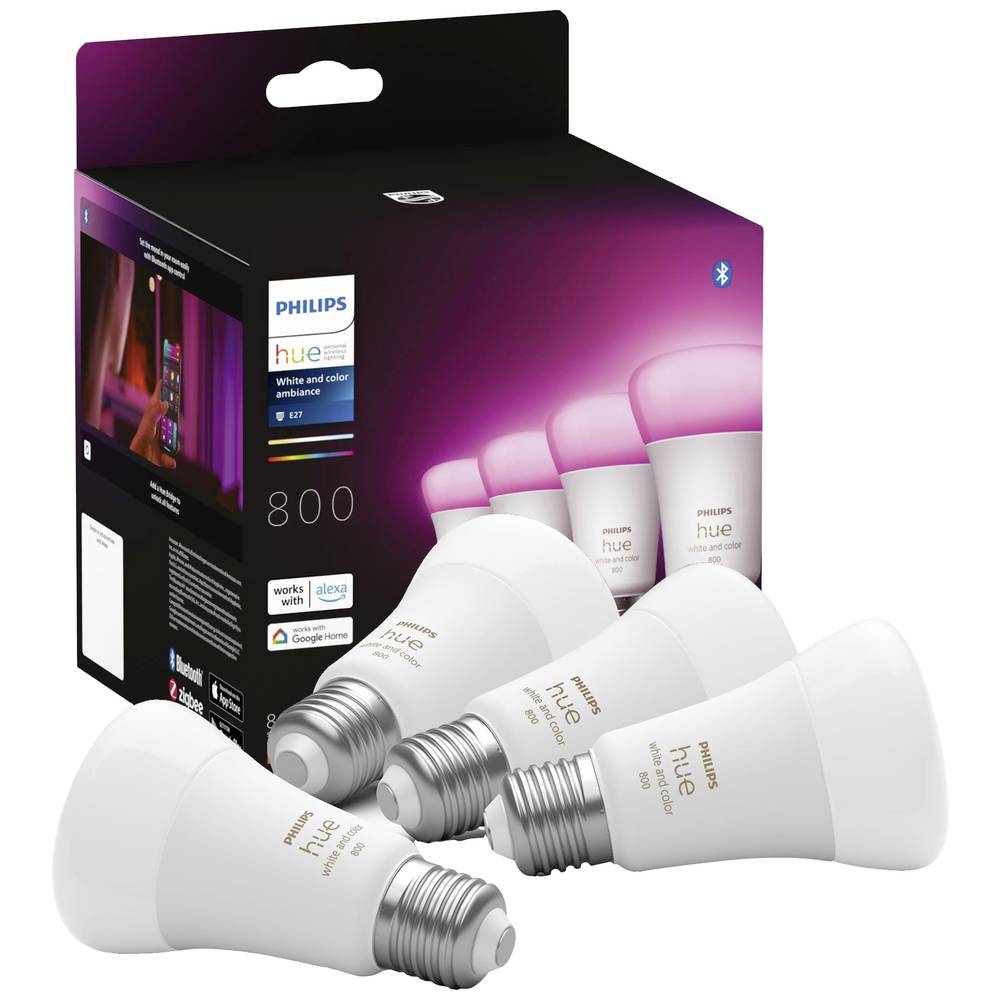 Hue LED-lamp (4 stuks) 871951432840200 Energielabel: F (A - G) Hue White & Col. Amb. E27 Viererpack 4x570lm 60W E27 9 W Warmwit tot koudwit Energielabel: F (A