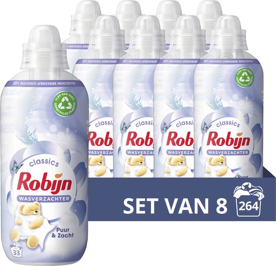 8x Robijn Wasverzachter Puur&Zacht 33 Wasbeurten 825 ml