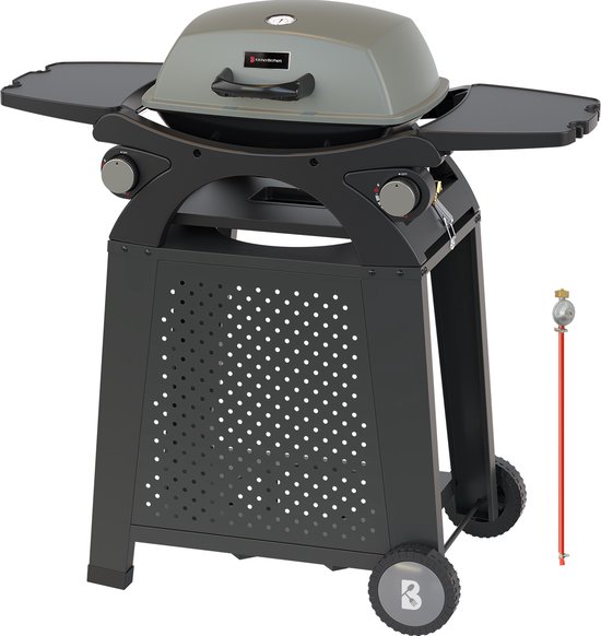 KitchenBrothers Gas BBQ - Staand en Tafelmodel Barbecue - 2 Branders - PFAS Vrij - Tafelbarbecue - Anti-aanbaklaag - 37x48 cm Grilloppervlak - Vaderdag Cadeau - Zwart