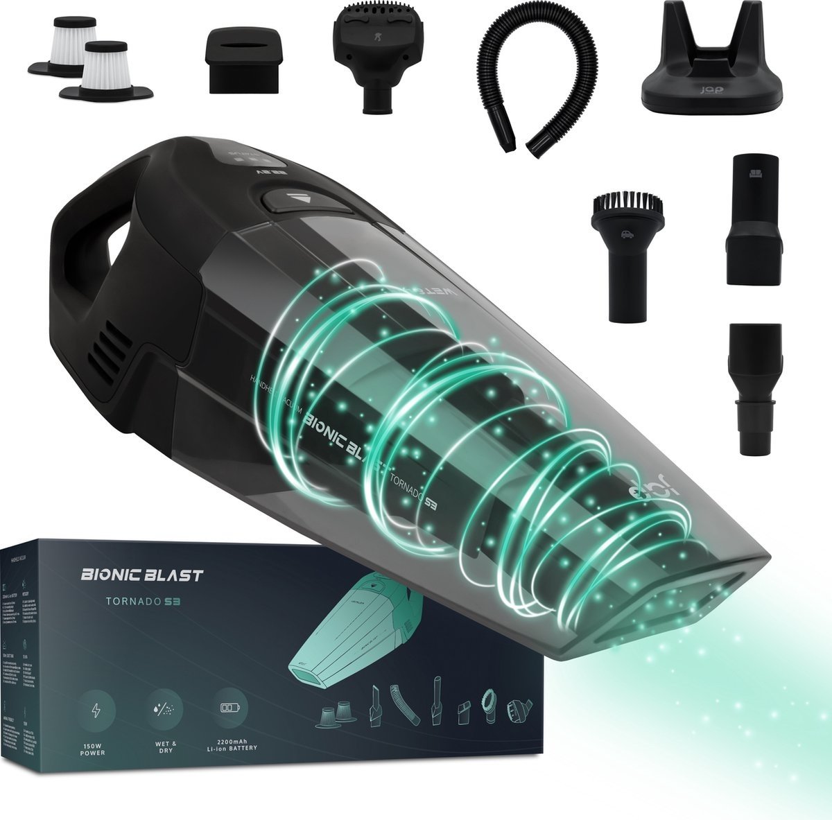 JAP Appliances Tornado S3 - Kruimeldief snoerloos met Oplaadhangsysteem - 5 Opzetstukken en 2 HEPA-filters - 150W - Zwart